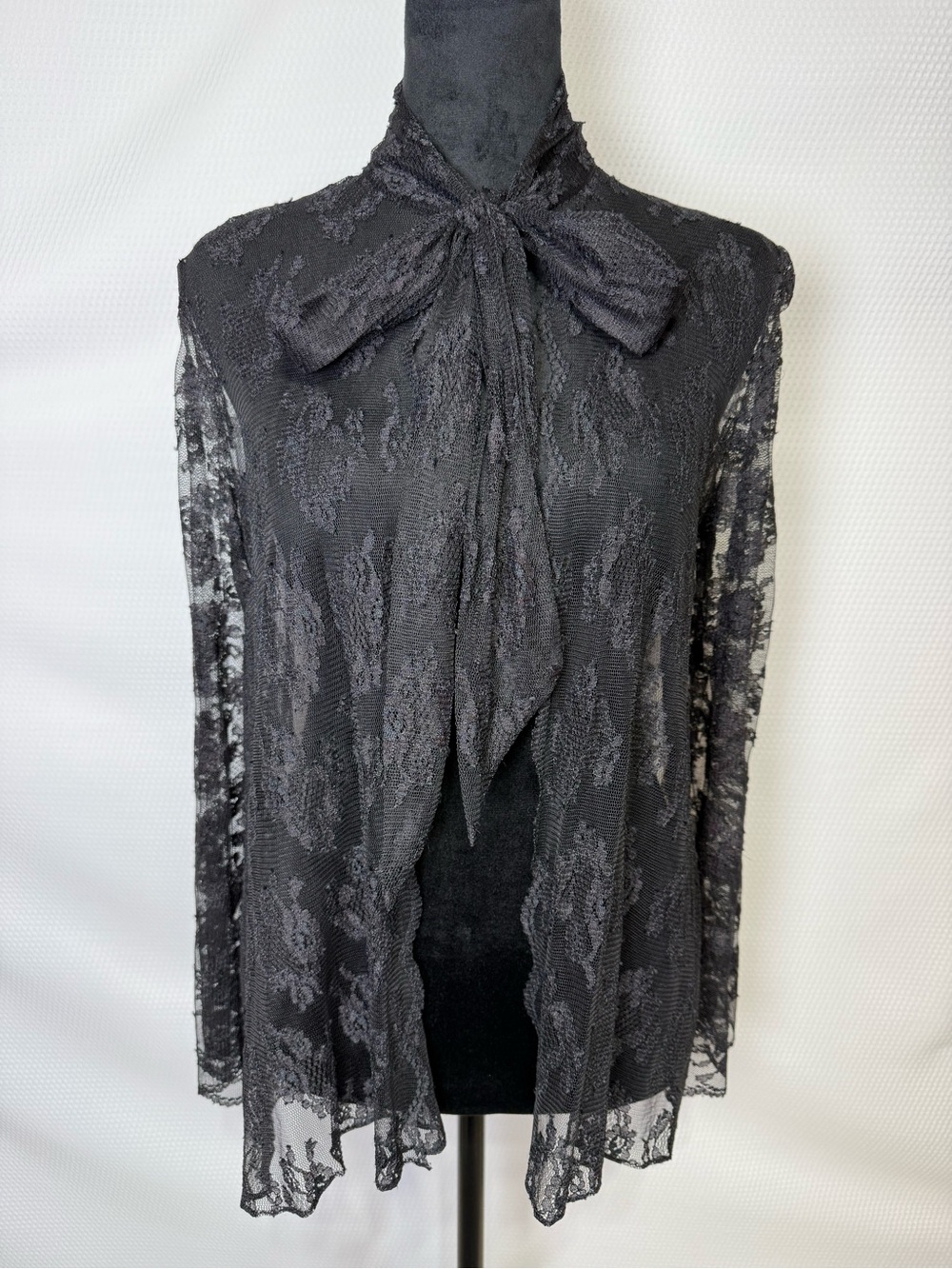 Black Lace Tie-Neck Long Sleeve Top Cardigan EST Sz Medium
